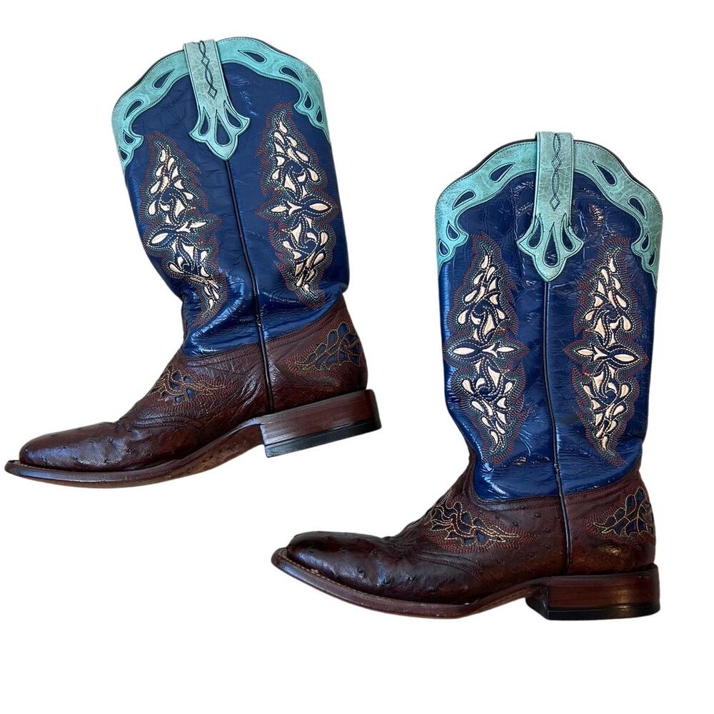 Lucchese Amberlyn Boots Blue Brown Full Quill Ostrich Western Cowgirl size 8 B